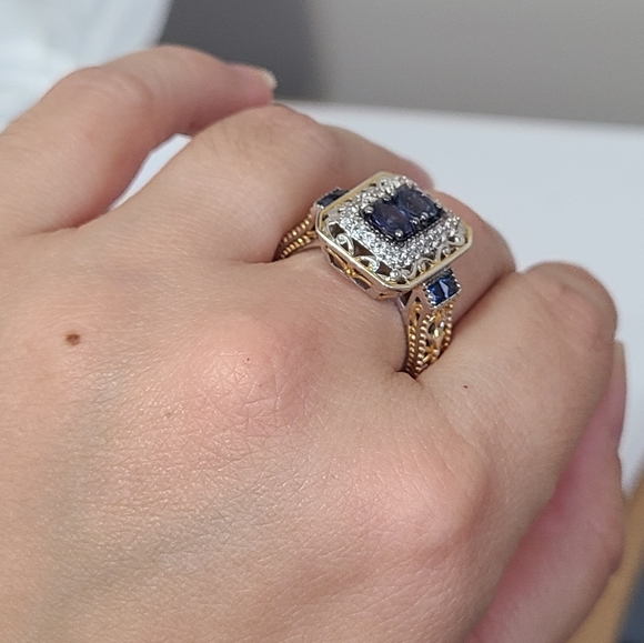 Gems en Vogue Boho Mogok Blue Sapphire 24K Plated Sterling Silver Statement Ring - Picture 14 of 16